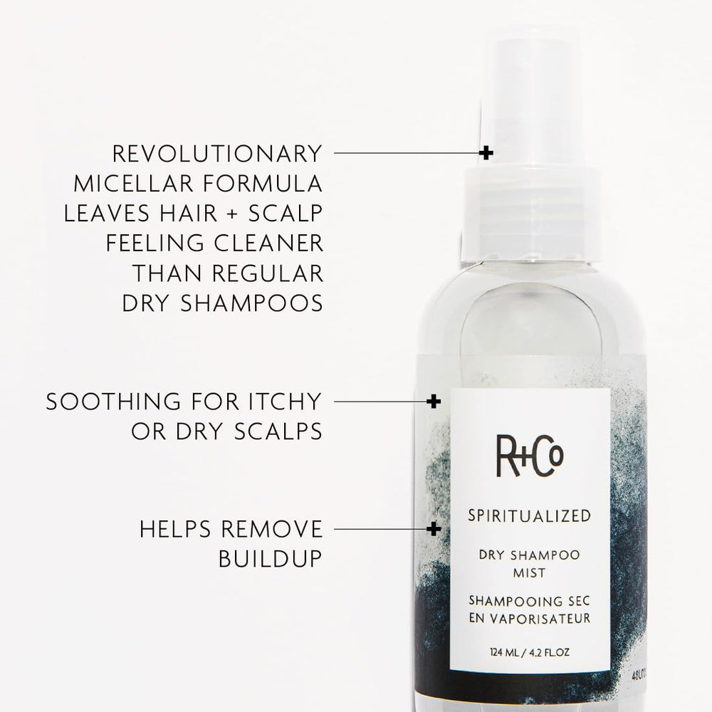 R+Co Spiritualized Dry Shampoo Mist micellar formula cleanses while refreshing the scalp.