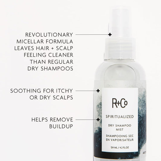 R+Co Spiritualized Dry Shampoo Mist micellar formula cleanses while refreshing the scalp.