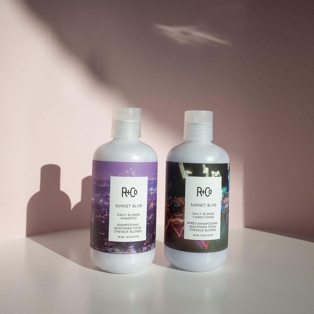 R+Co Sunset Blvd Conditioner on blonde hair, added shine.