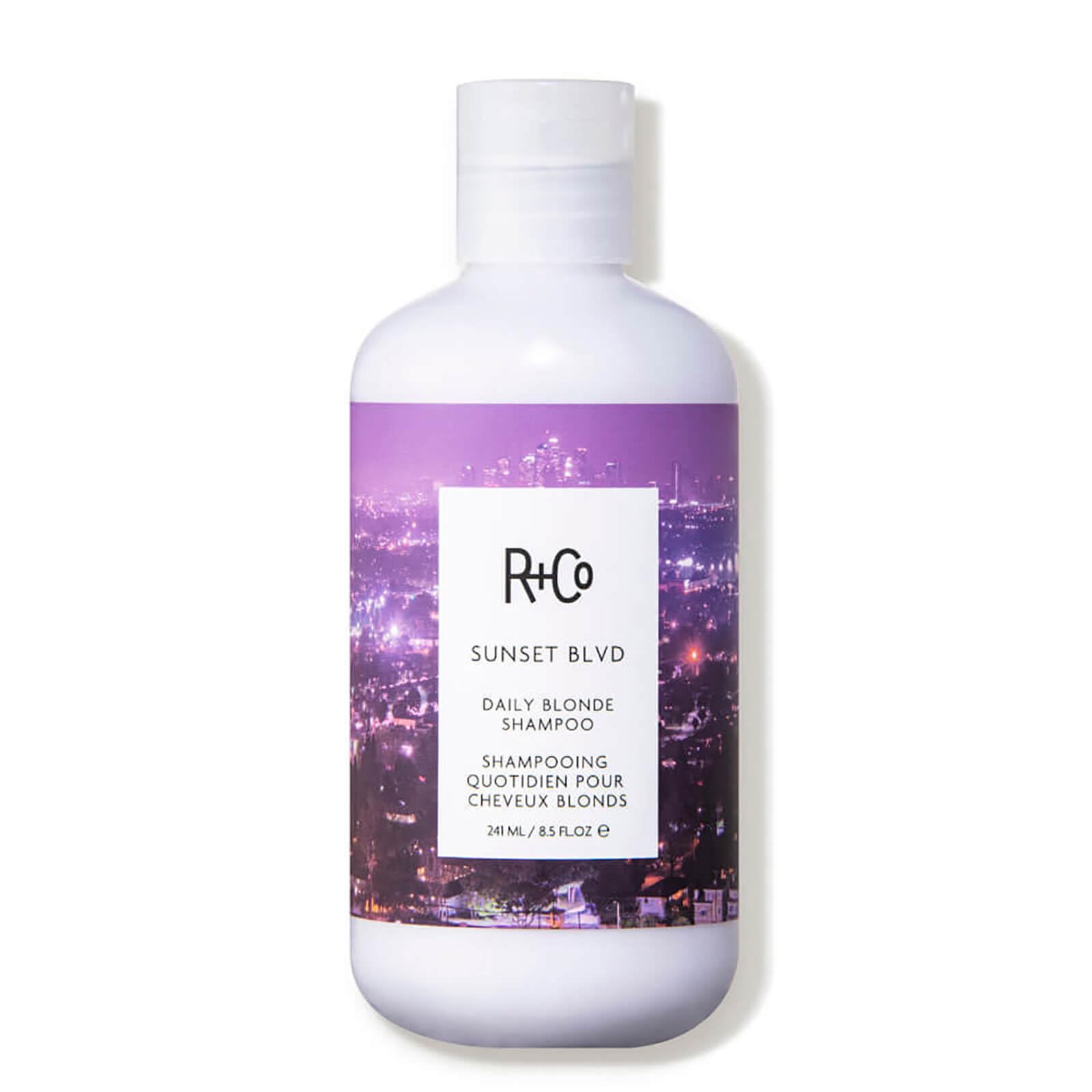 R+Co Sunset Blvd Shampoo bottle highlights daily brightening for blonde and gray hair
