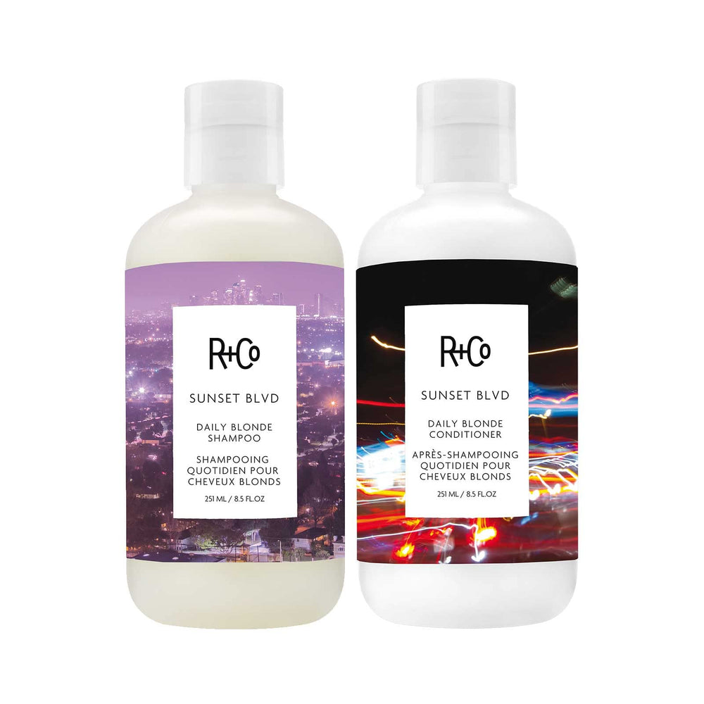 R+Co Sunset Blvd shampoo bottle front for daily brightening of blondes