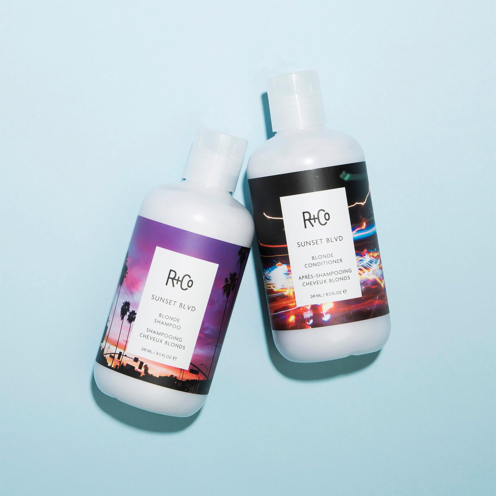 R+Co Sunset Blvd Shampoo pouring to show easy daily use and even distribution