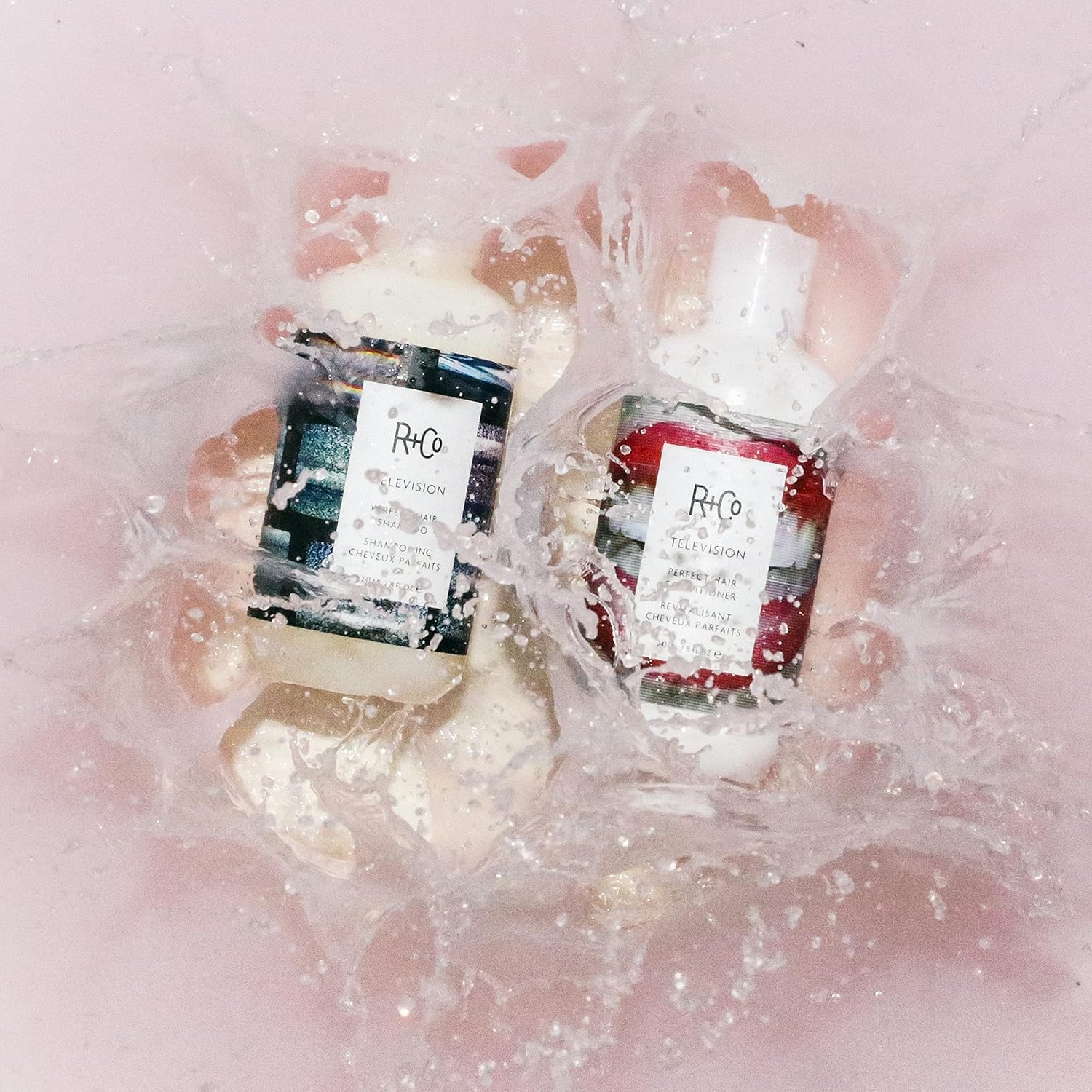 R+Co Television Perfect Hair Conditioner bottle close-up highlights smoothing texture and glow.