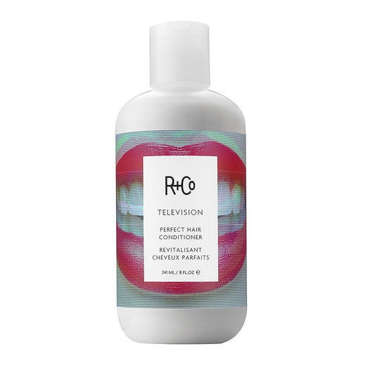 R+Co Television Perfect Hair Conditioner bottle close-up showing smooth, hydrated hair