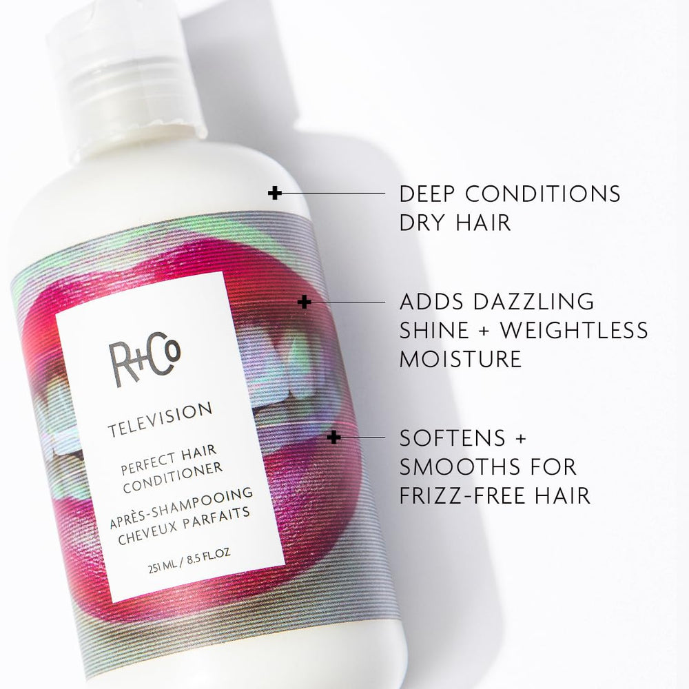 R+Co Television Perfect Hair Conditioner bottle close-up highlighting shine