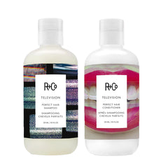 R+Co Television Perfect Hair Shampoo bottle close-up showing sleek design and shine potential.