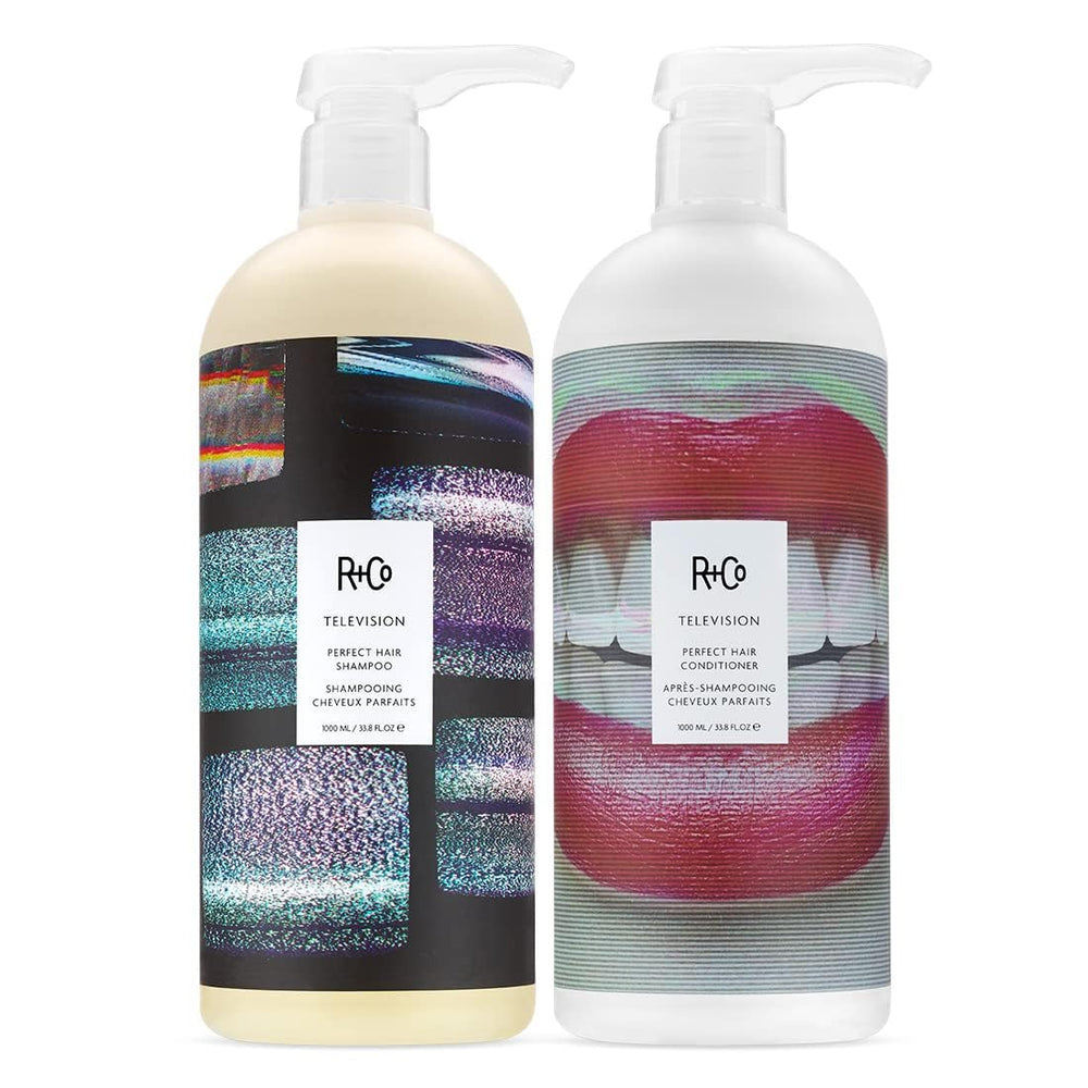 R+Co Television Shampoo bottle close-up, smoothing action and shine.