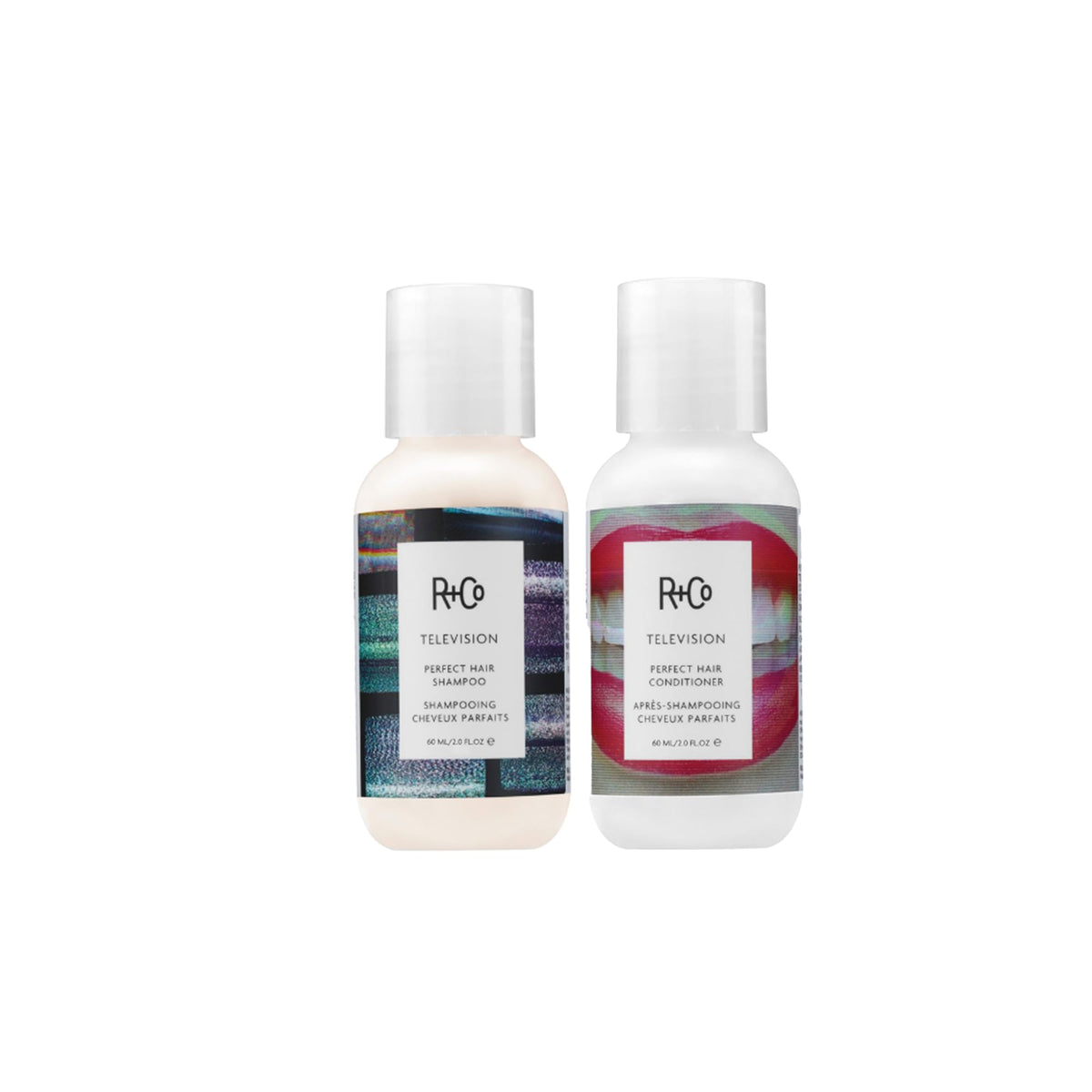 R+Co Television Perfect Travel Shampoo bottle highlights shine and body on the go.