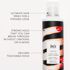 R+Co VICIOUS spray-action demonstrates quick hold without flaking during styling.