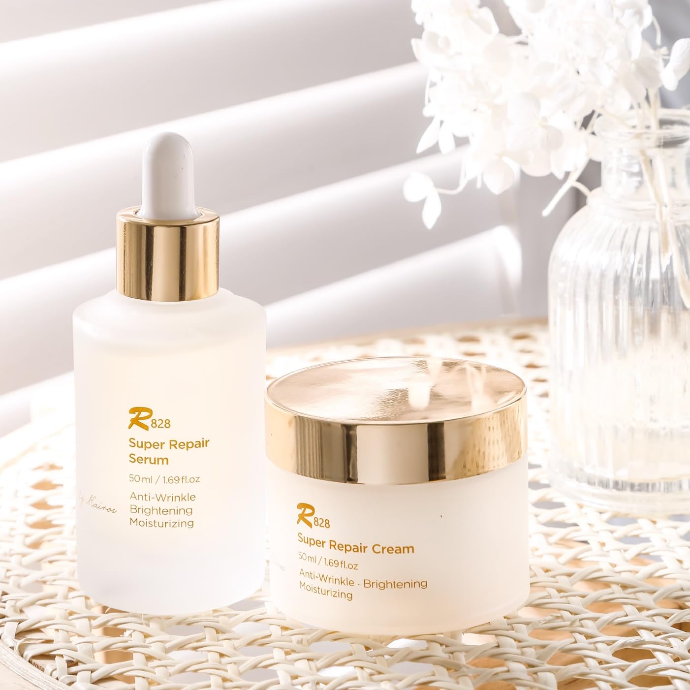 R828 silky serum texture adheres to skin for lasting moisture.