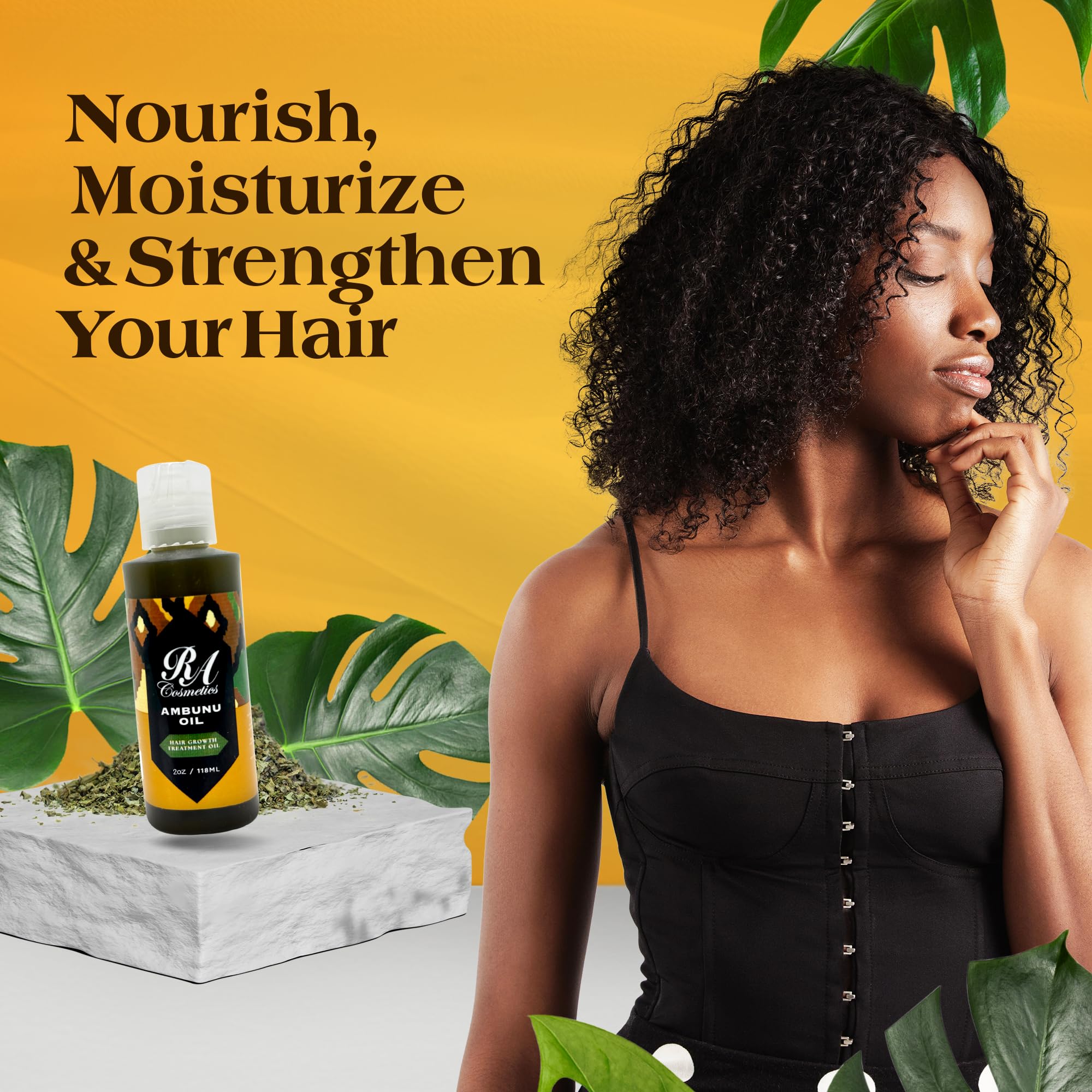 RA Cosmetics Ambunu Oil droplet on palm ready for scalp nourishment.