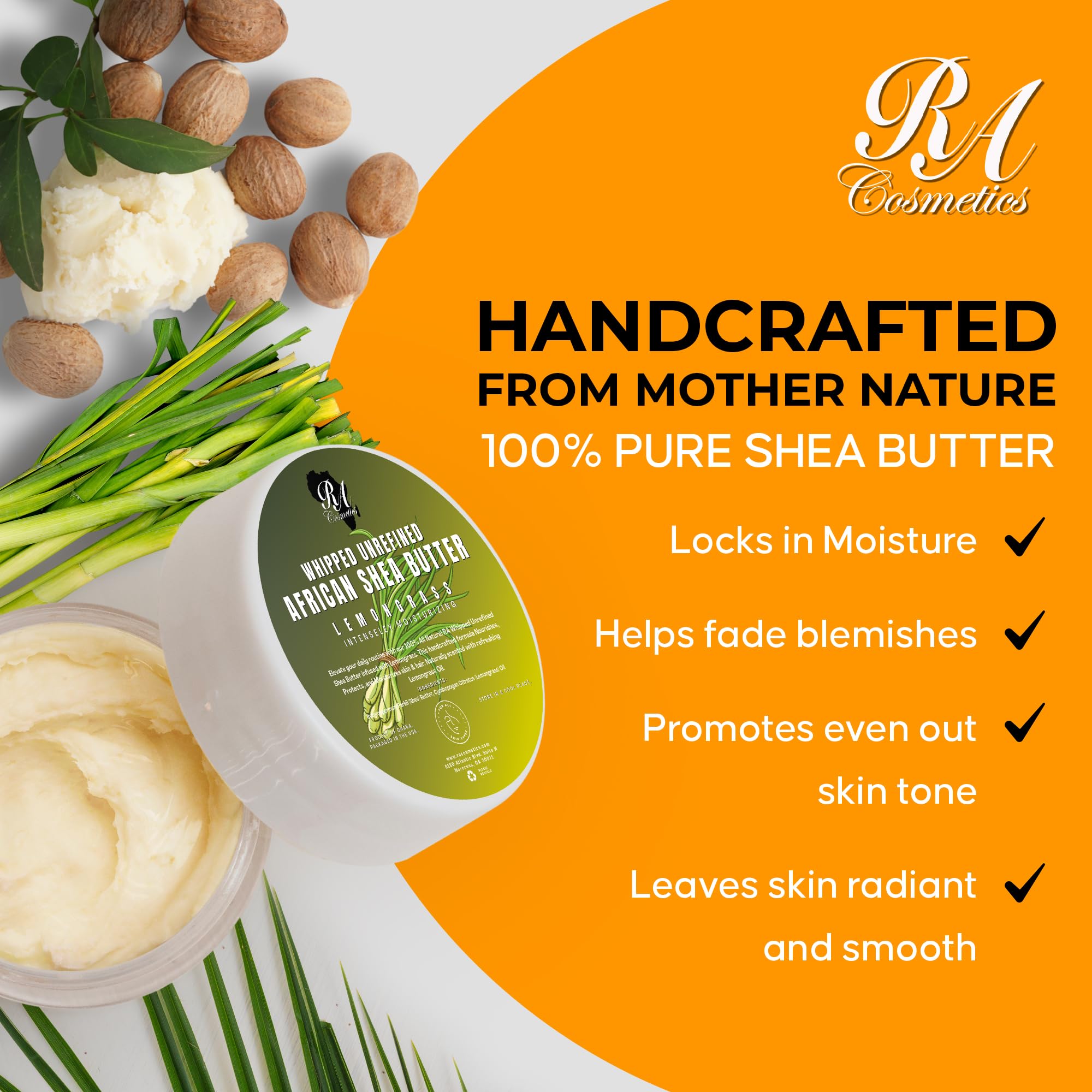 RA COSMETICS lemongrass-infused butter texture highlights refreshing aroma and skin hydration.