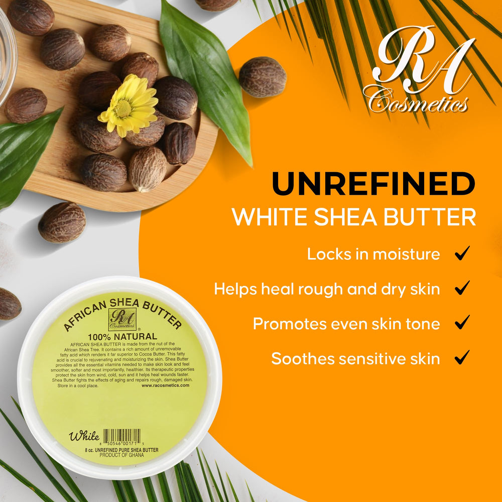 RA COSMETICS Ivory shea butter container label shows origin and raw quality.