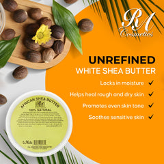 RA COSMETICS Ivory shea butter container label shows origin and raw quality.