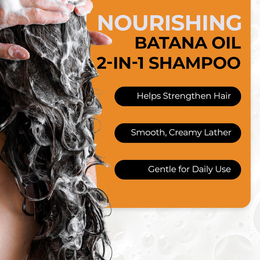 RA COSMETICS shampooing 2-en-1 Batana — flacon clair pour une routine simplifiée.