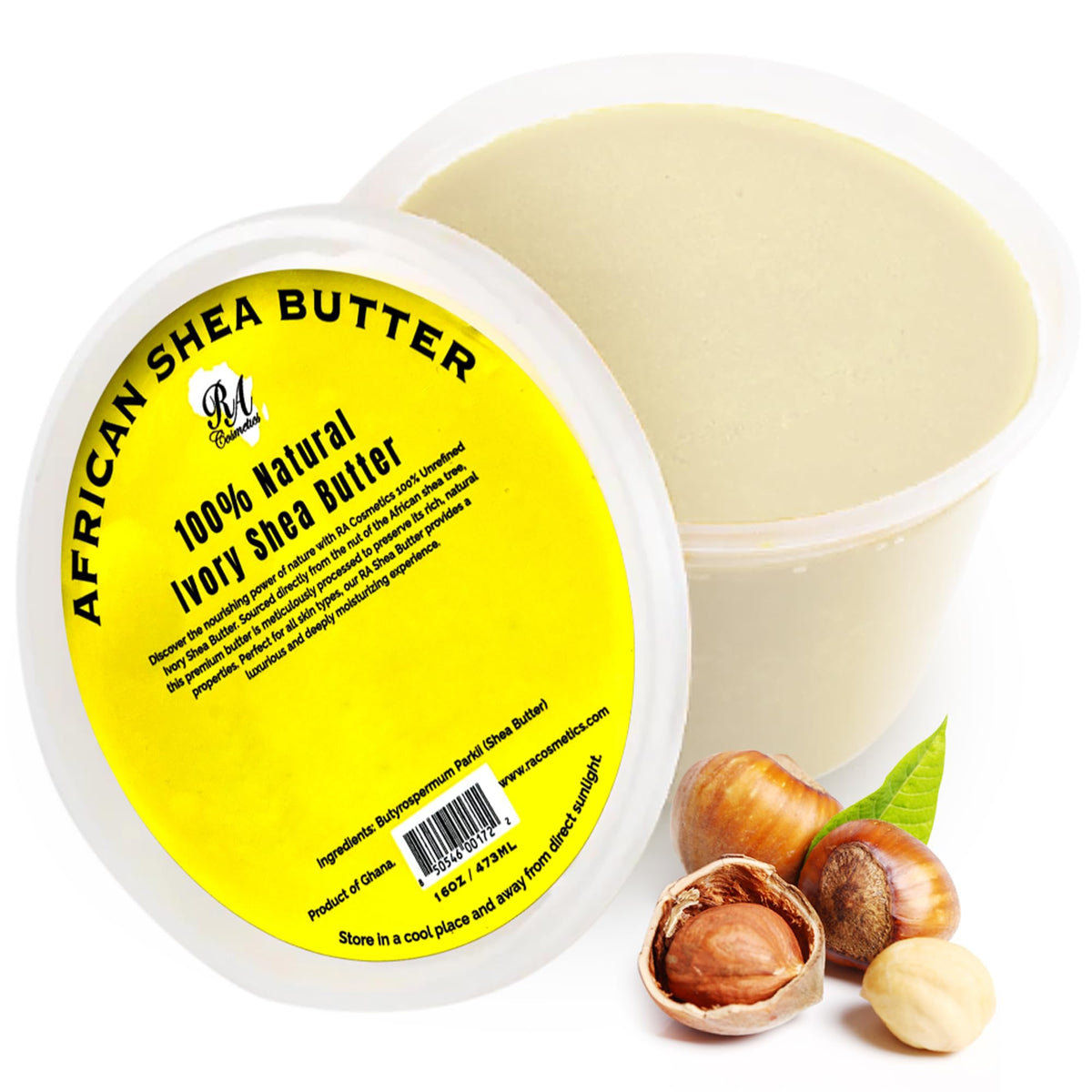 RA Cosmetics Ivory shea butter jar with whipped texture for easy moisturization.