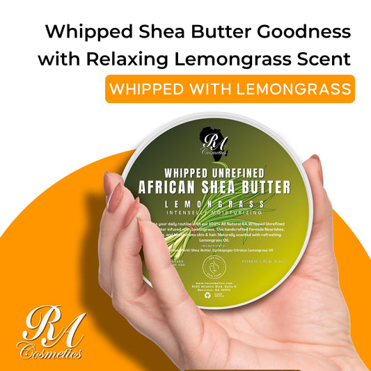 RA COSMETICS unrefined shea butter closeup highlighting nourishing moisture for skin and hair.