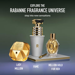 Rabanne Lady Million luxe packaging visual emphasizes prestige and collectible designer fragrance experience.