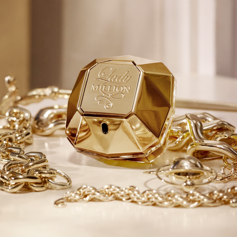 Rabanne Lady Million perfume spray in motion for effortless fragrance application.