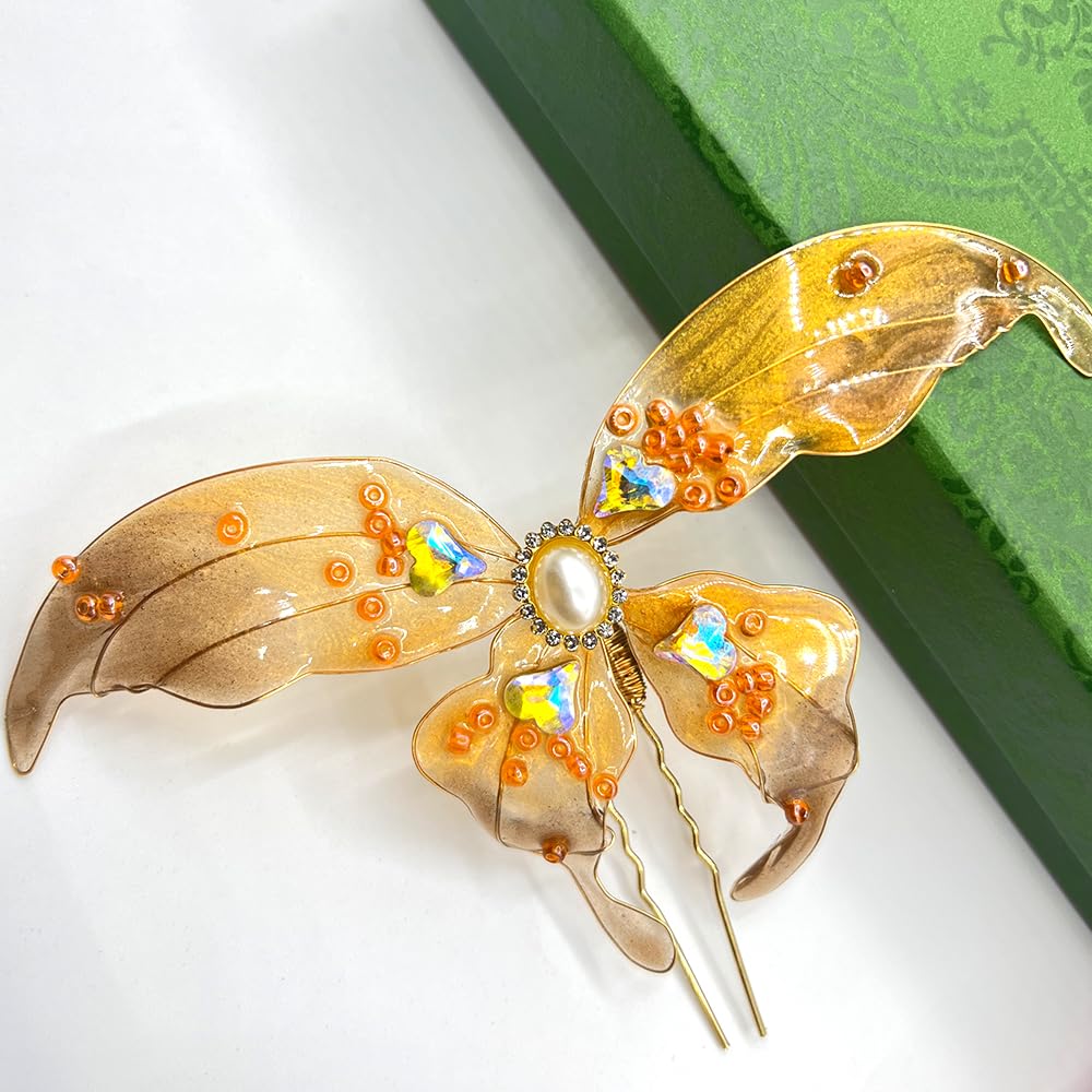 Rabithenn orange butterfly hairpin with pearl center for elegant Hanfu styling.