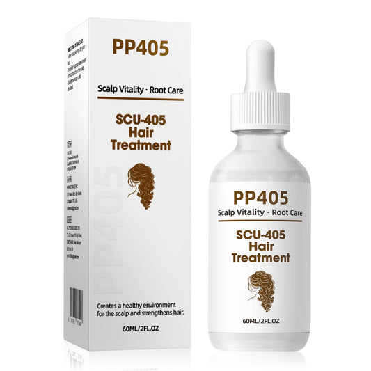 Racgrul PP405 serum bottle closeup highlighting lightweight, non-greasy formula for daily scalp care.