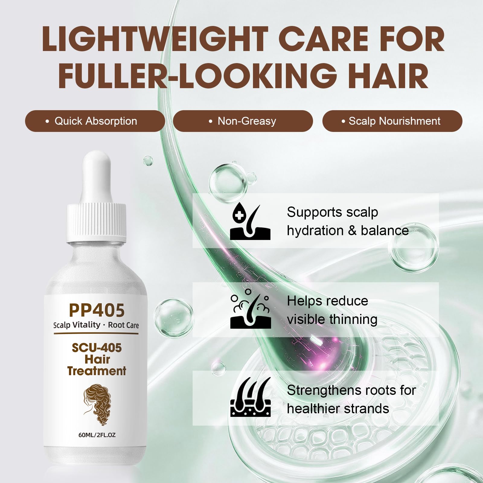 Racgrul PP405 dropper pour demonstrates precise dosing for scalp hydration.