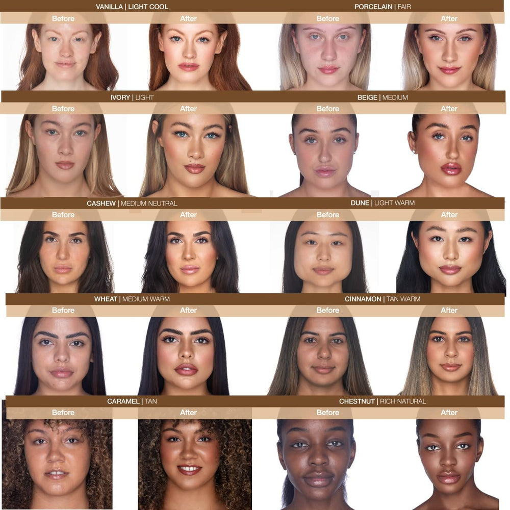 Rachel Couture ten-shades range swatches demonstrate broad color options.