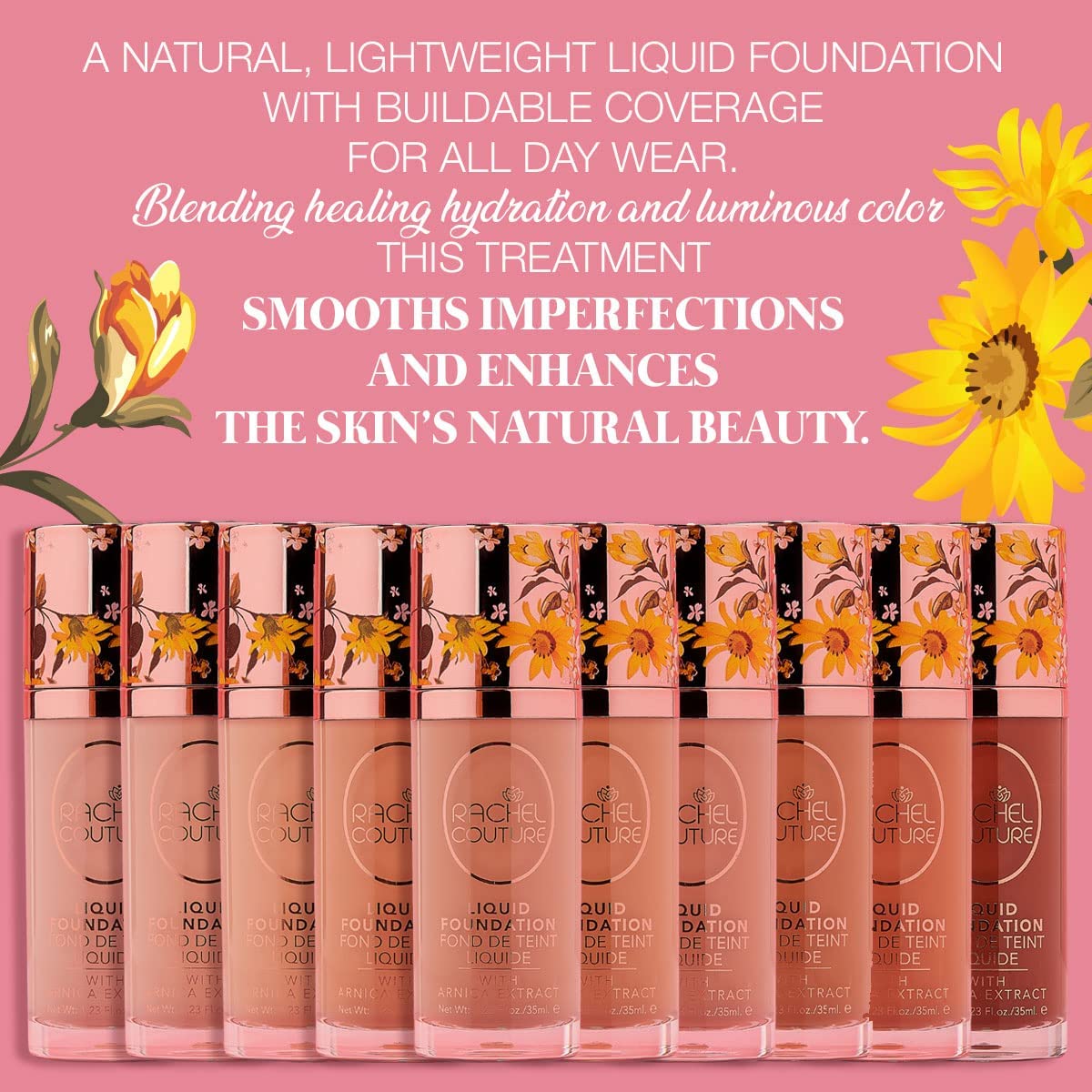 Rachel Couture matte finish swatches show versatile coverage across different skin tones.