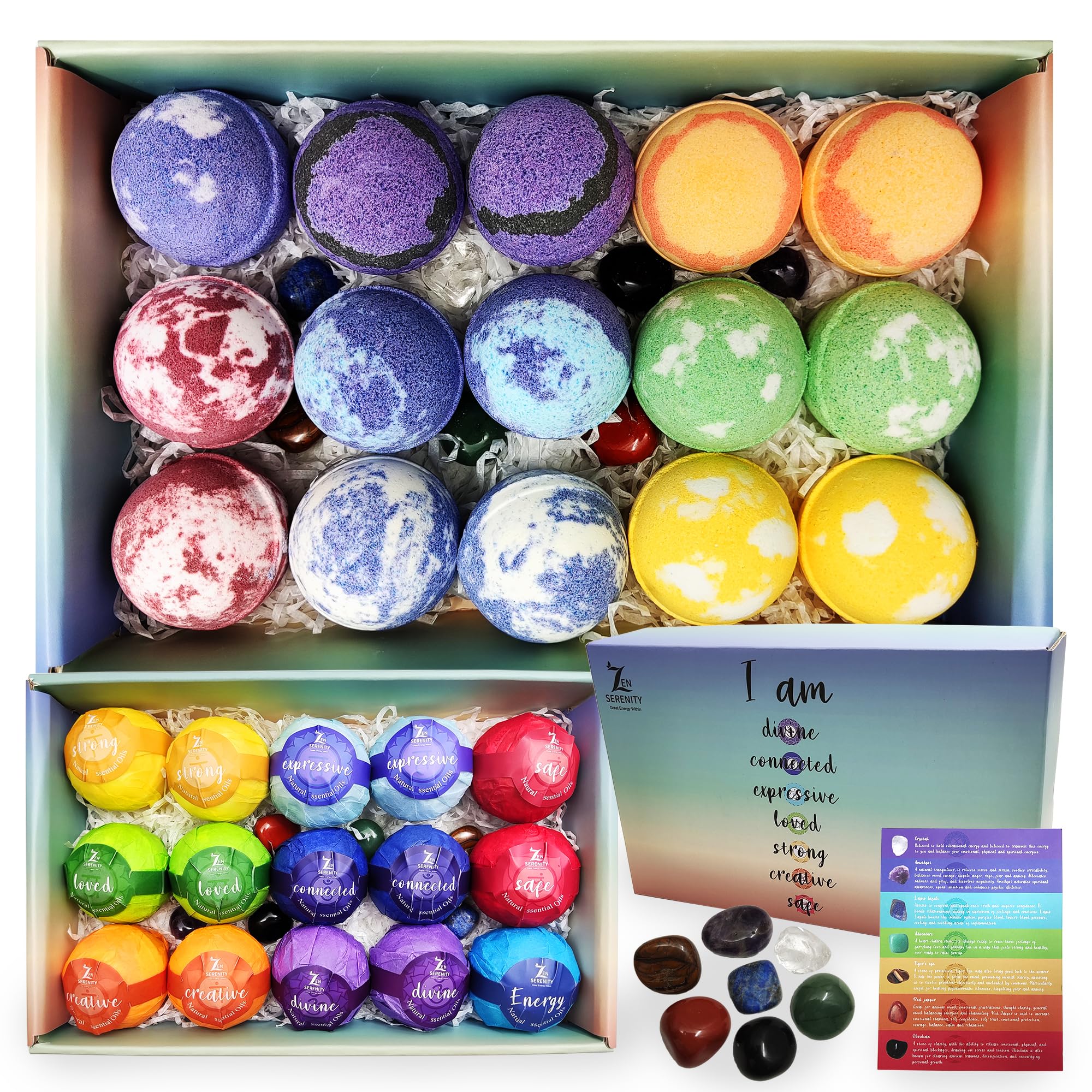 Rachelle Parker chakra bath bombs set with seven stones for meditation balance.