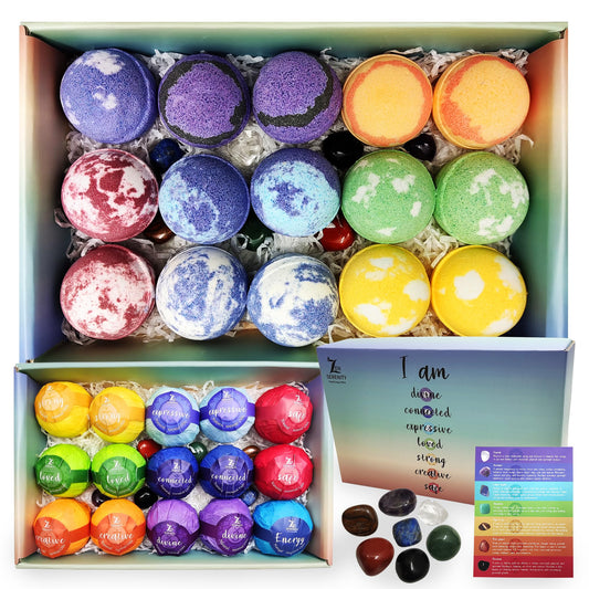 Rachelle Parker chakra bath bombs set with seven stones for meditation balance.