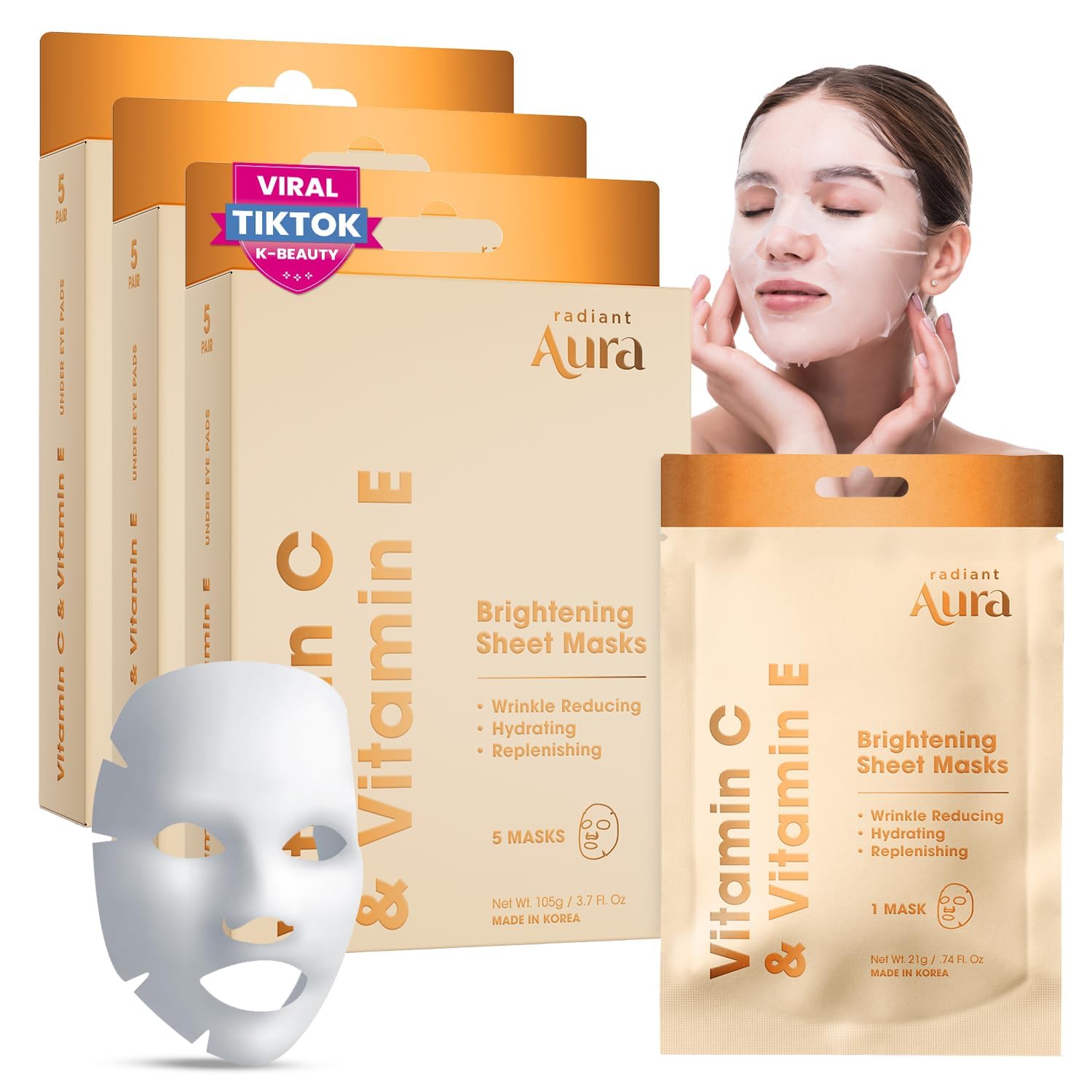 Radiant Aura vitamin C + E sheet mask pack ready for a spa-like at-home treatment