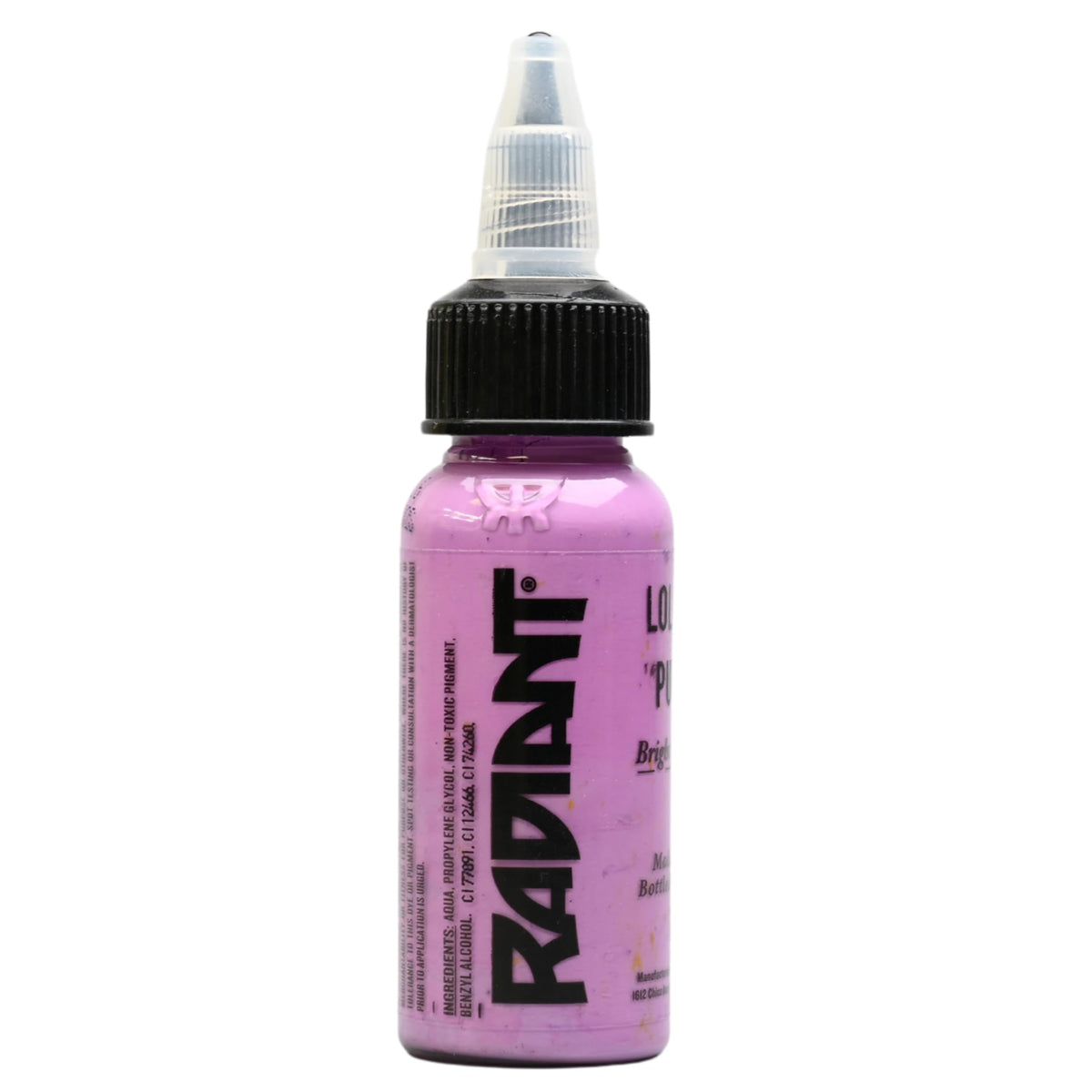 Radiant Colors Lollipop Purple ink bottle shown for bold, long-lasting color tattoos.