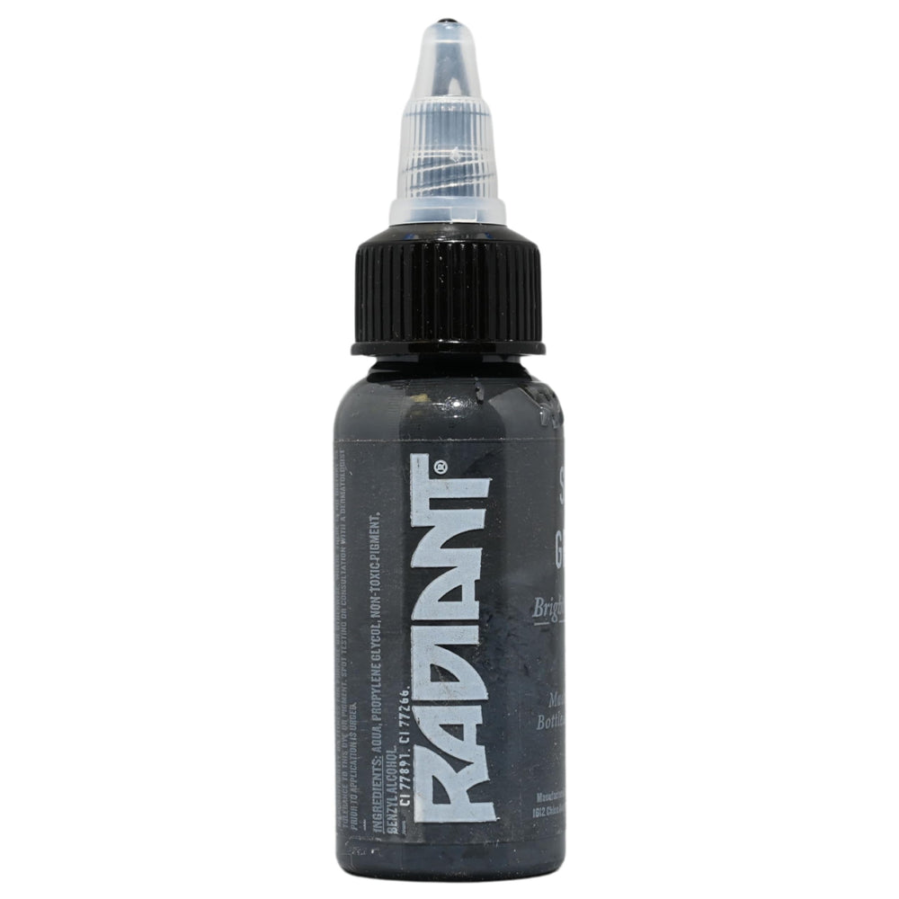 Radiant Colors Sly Gray tattoo ink bottle enables smooth shading and gradients.