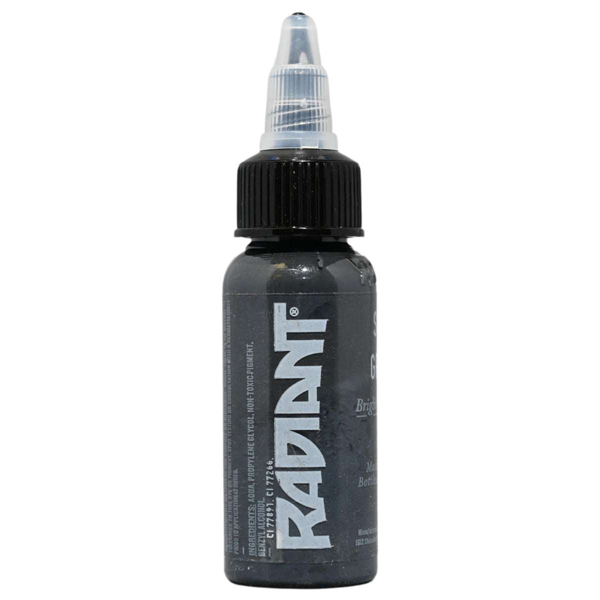 Radiant Colors Sly Gray tattoo ink bottle enables smooth shading and gradients.