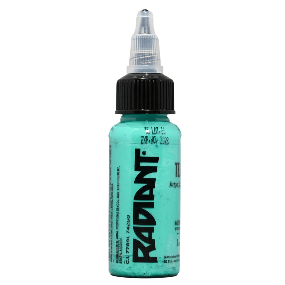 Radiant Colors Teal tattoo ink bottle showing bold color for crisp outlines.