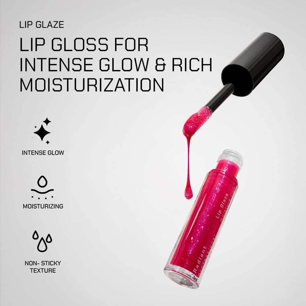 Radiant Professional Lip Glaze 02 Pink Sparkle adds subtle sheen with moisture.