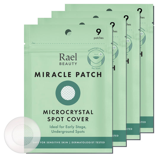 Rael Pimple Patches microcrystal spot cover on blemish with gentle adhesion.