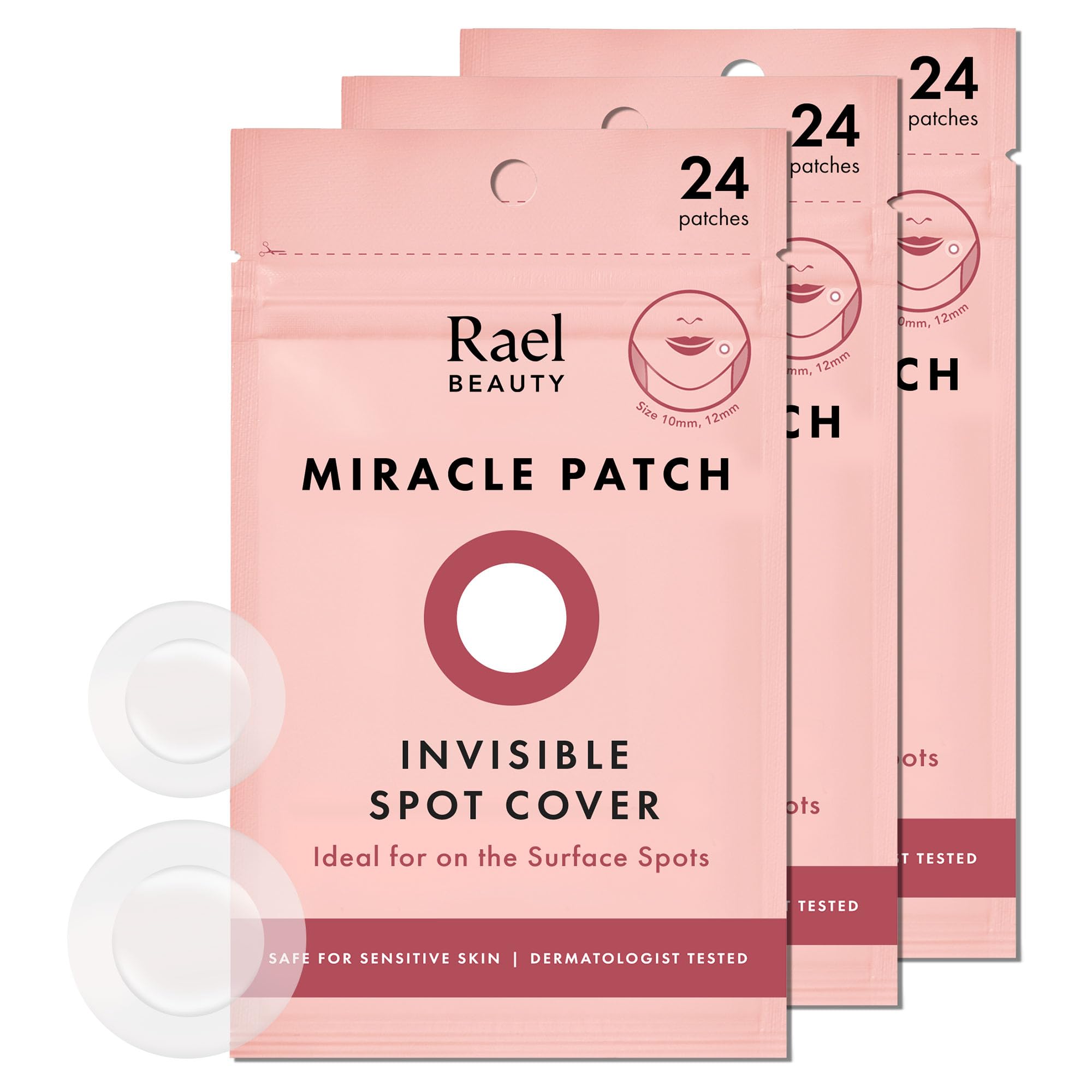 Rael pimple patches packaging front view for discreet acne care.