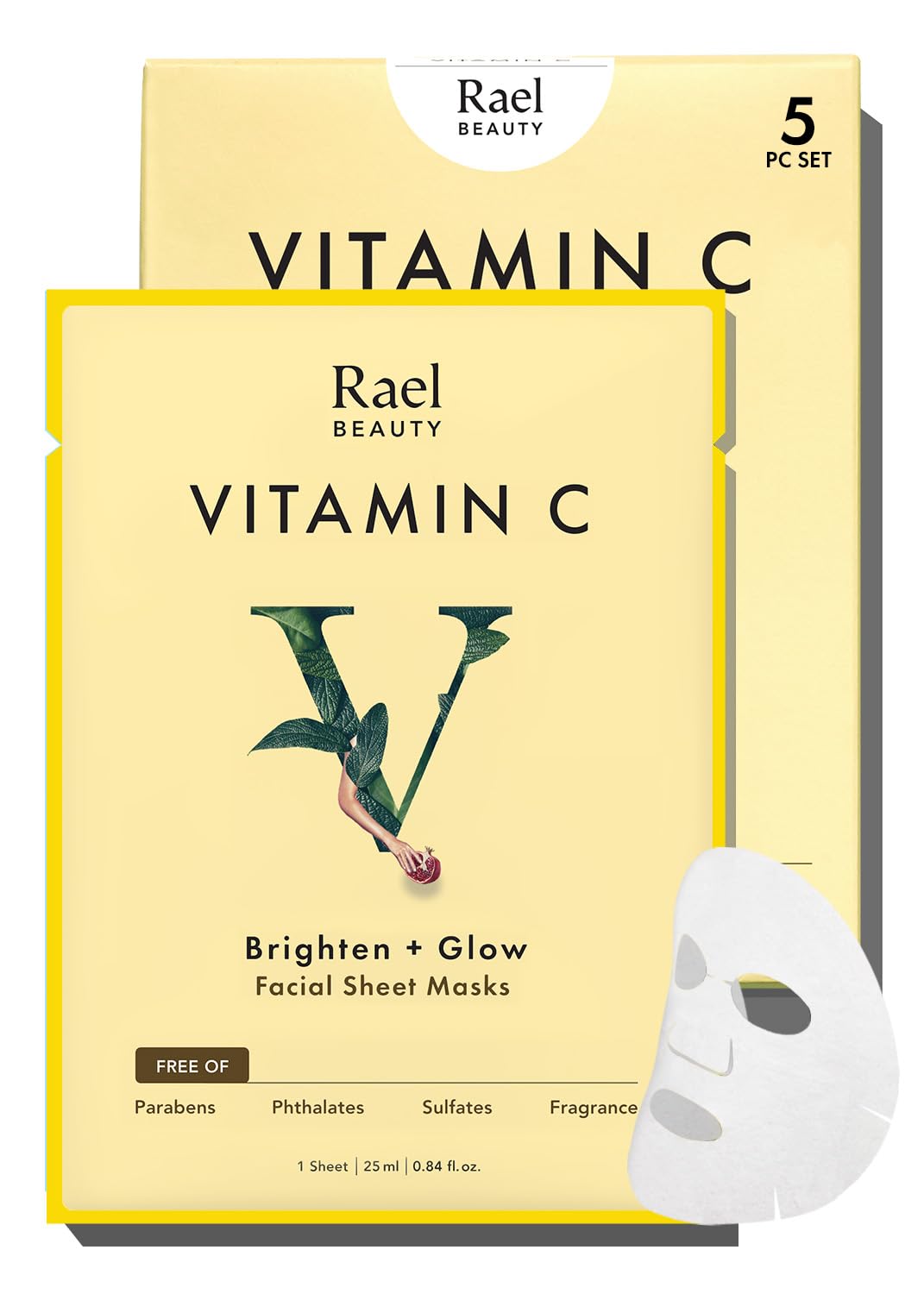 Rael Vitamin C Face Mask bottle close-up highlighting rich serum for brightness and hydration.