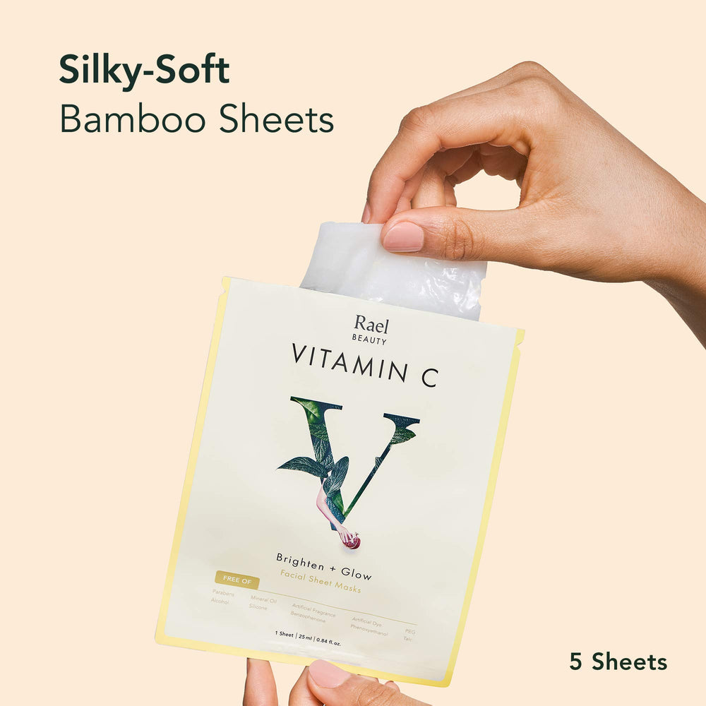 Rael Vitamin C Face Mask packaging on display emphasizes pomegranate and citrus for glow.