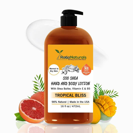 RaGaNaturals mango body lotion bottle front for tropical hydration.