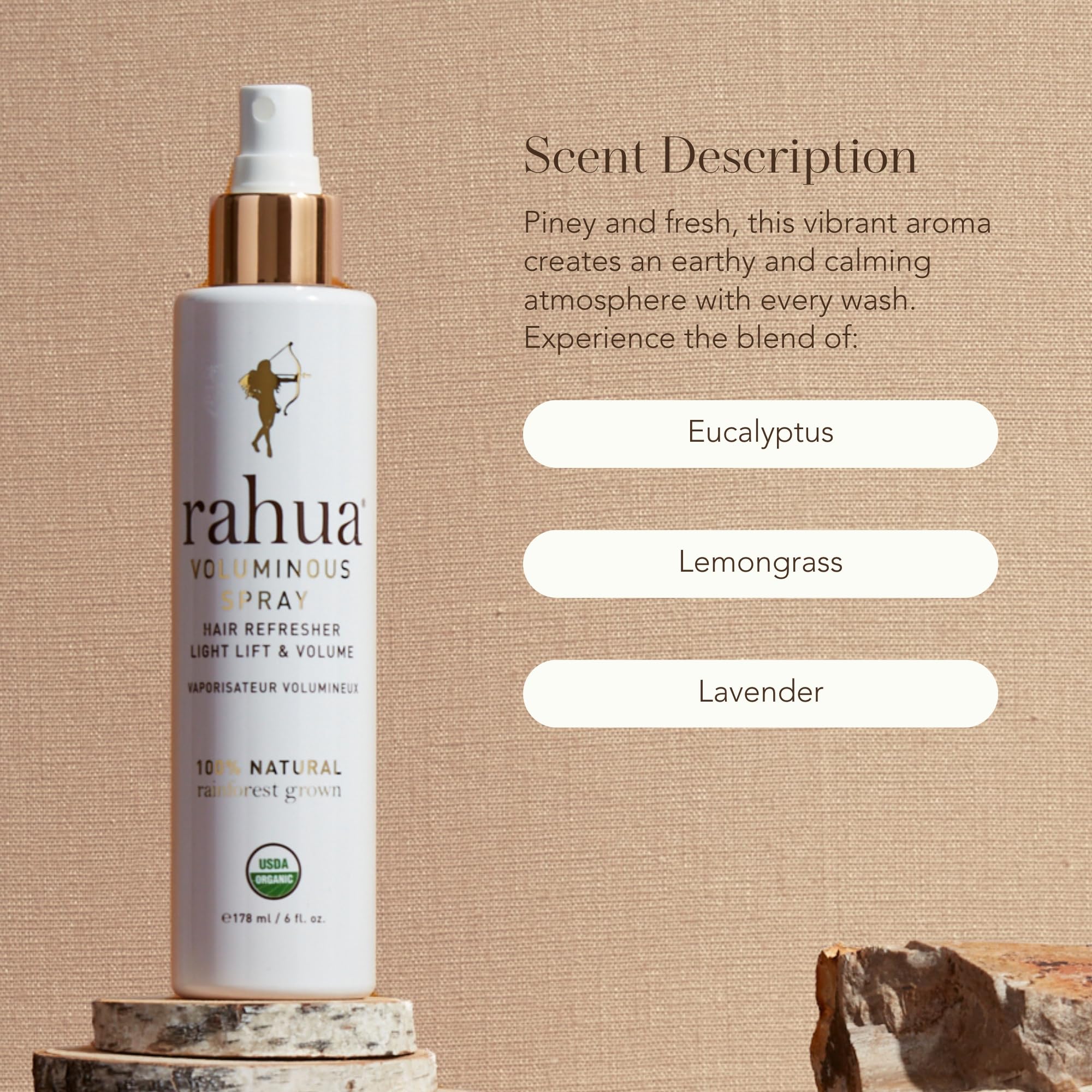 Rahua Voluminous Spray offers citrus-lavender aroma for a fresh feel.