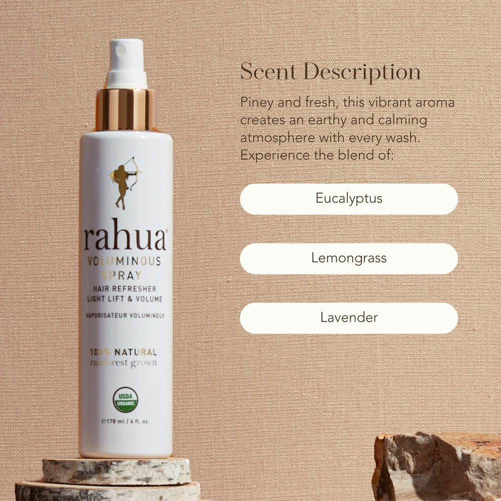 Rahua Voluminous Spray offers citrus-lavender aroma for a fresh feel.