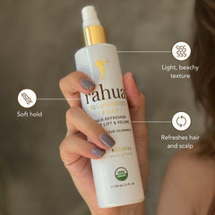 Rahua Voluminous Spray creates airy texture and refreshed strands.