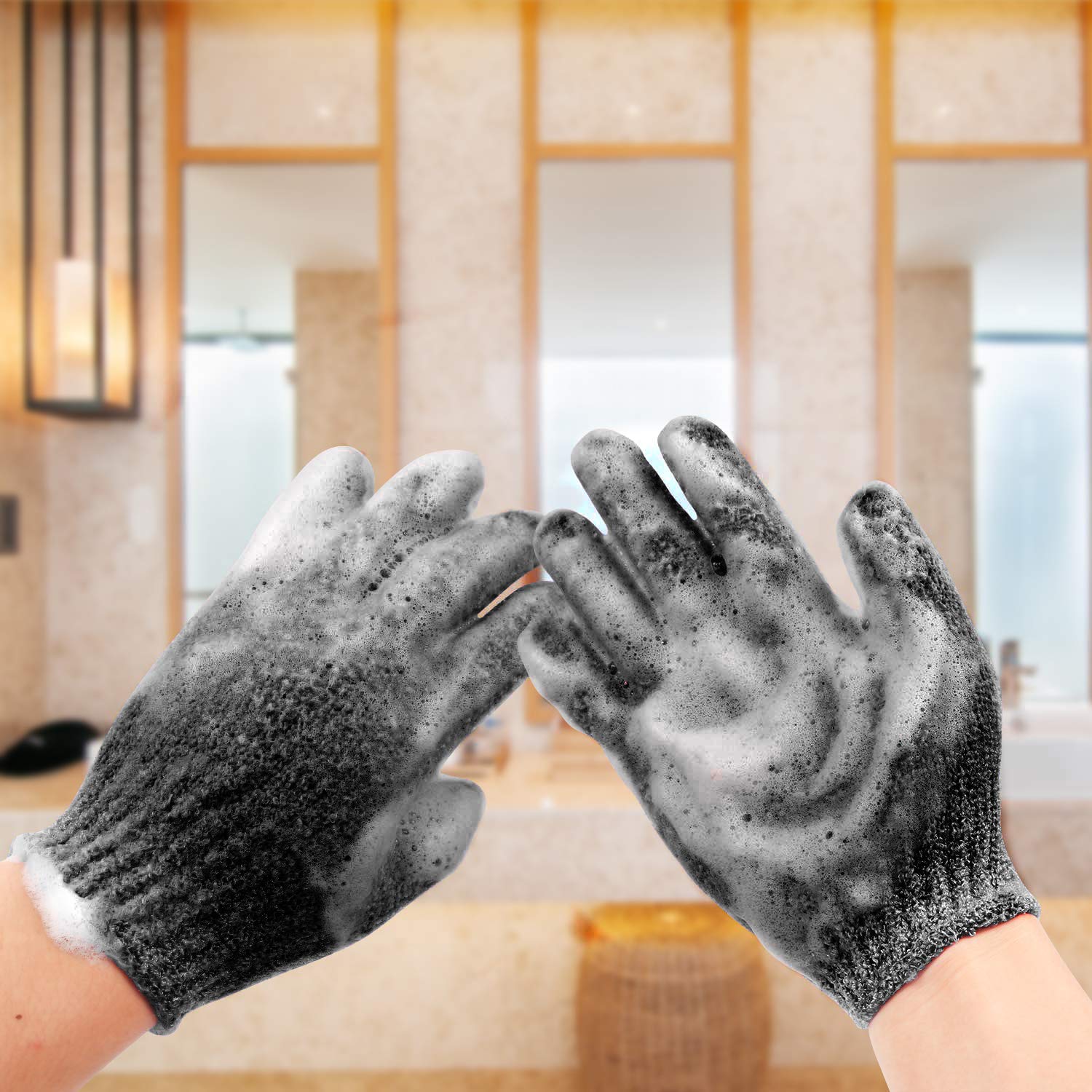 Rainmae exfoliating gloves suitable for all skin types, gentle daily exfoliation.