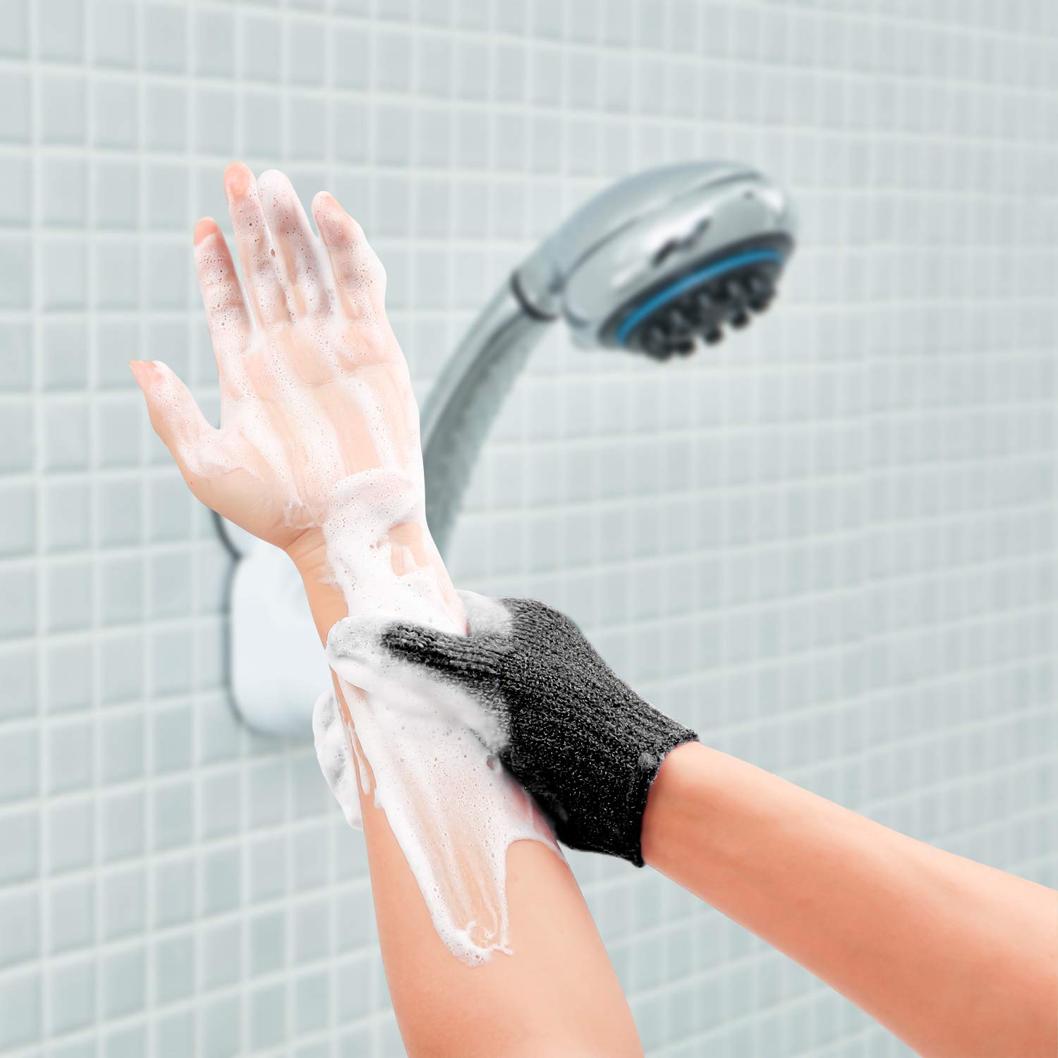 Rainmae gloves with elastic wrists keep exfoliants in place during showers.