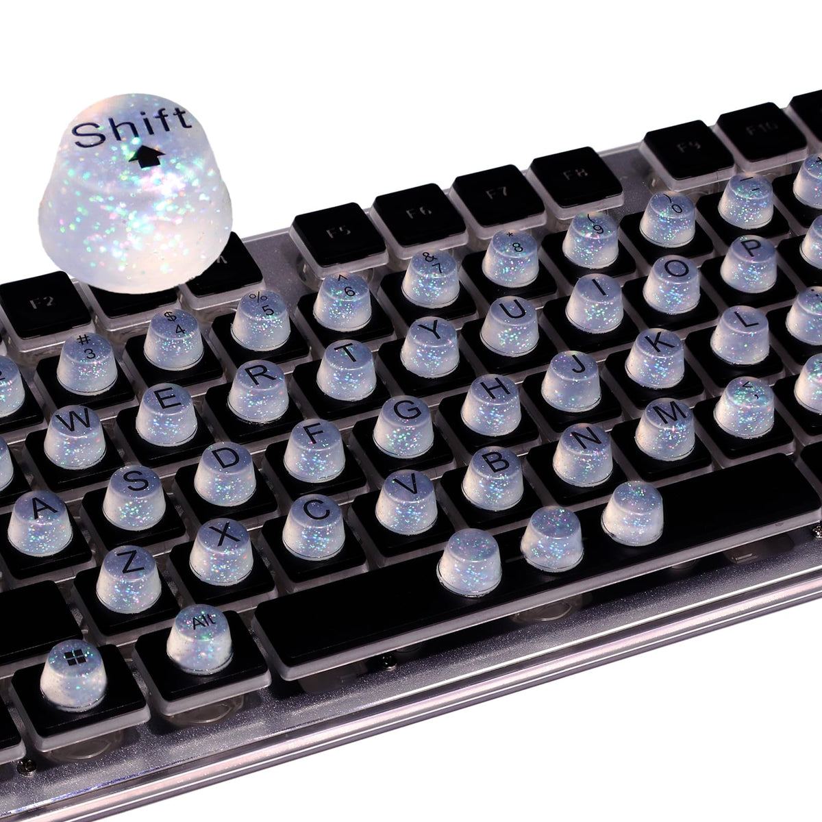 Raised Button long nails stickers closeup showing nail-friendly keys for smoother typing