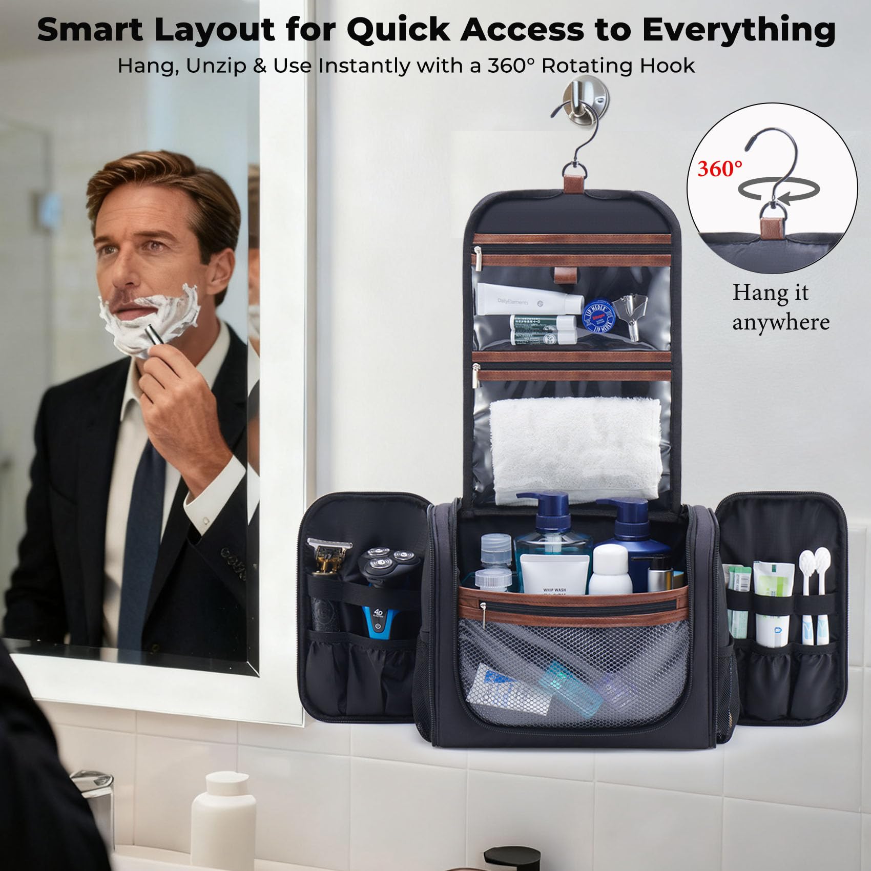 Ralnitote 180-degree side compartments keep grooming items organized at a glance