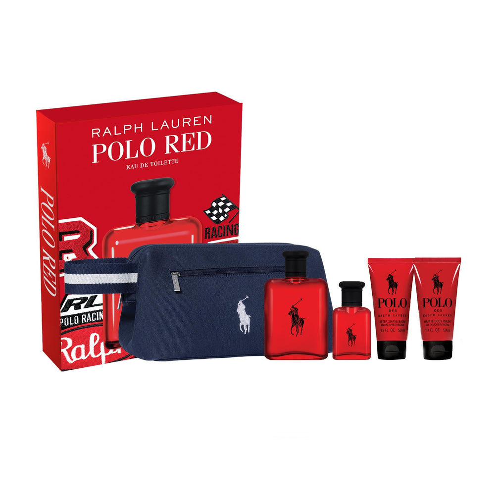 Ralph Lauren Polo Red bottle shown, bold woody-spicy scent for daily confidence.