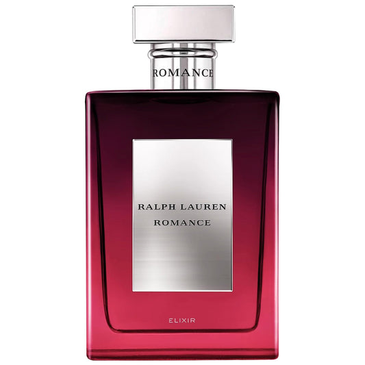 Ralph Lauren Romance Elixir bottle close-up highlighting rose and lychee notes for romantic evenings.